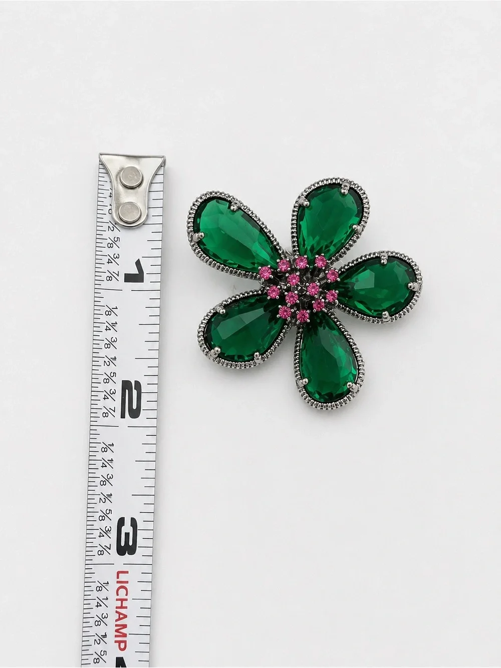 Emerald Green Glass Flower Brooch Pin Pink Crystal Center Silver Tone